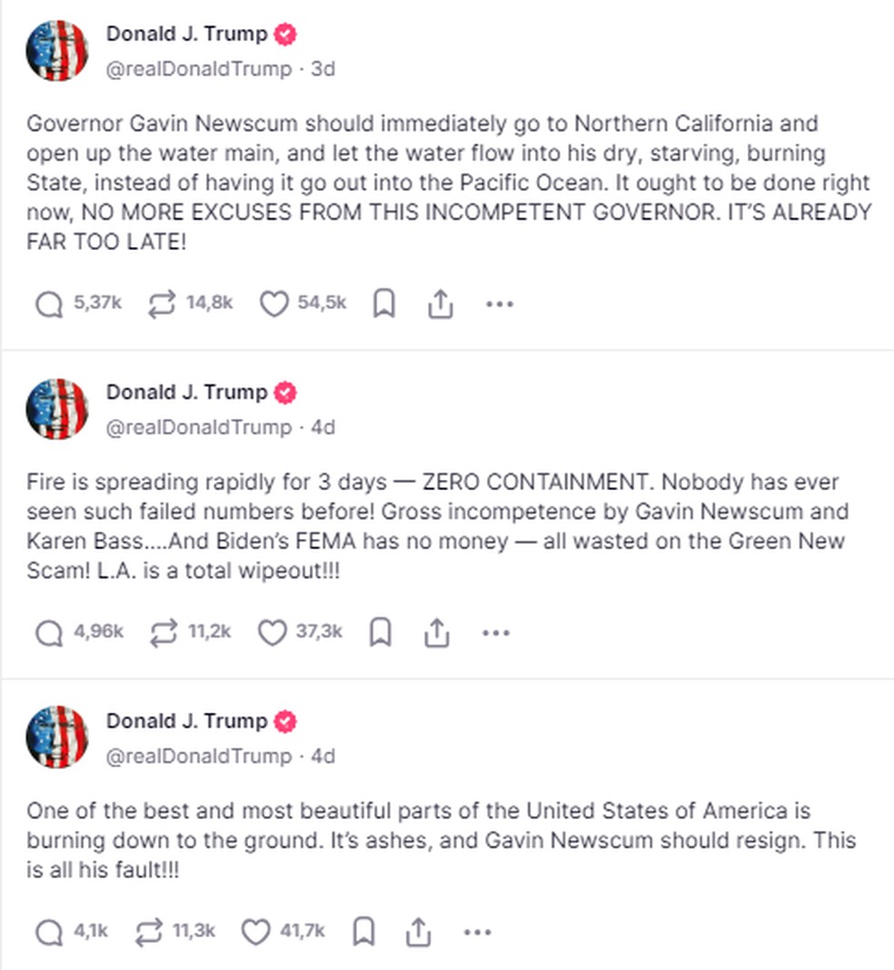Trump atacando Joe Biden e o governador da Califórnia, Gavin Newsom, em posts na rede social Truth Social — Foto: Truth Social / Reprodução