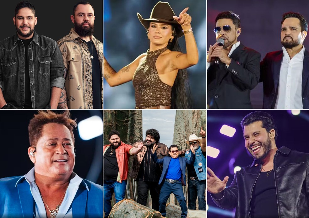 Jorge e Mateus, Ana Castela, Zezé Di Camargo e Luciano (em cima), Leonardo, César Menotti e Fabiano, Rionegro e Solimões e Murilo Huff (embaixo) são alguns dos destaques da Festa do Peão de Barretos 2025 — Foto: Érico Andrade/Thais Ministro/Divulgação