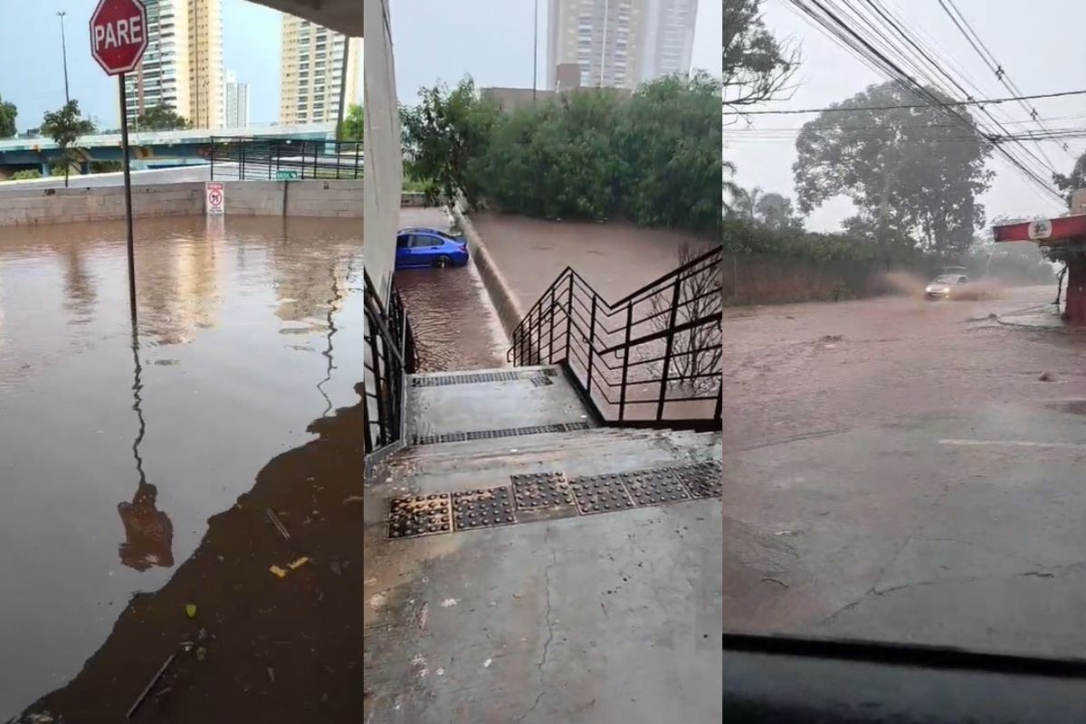 Em minutos de chuva, estacionamento de academia é alagado e ruas viram rios em Campo Grande
