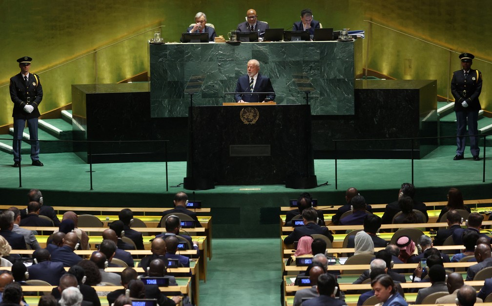 O presidente Lula fala na 78ª Assembleia Geral da ONU, em 19 de setembro de 2023. — Foto: Reuters