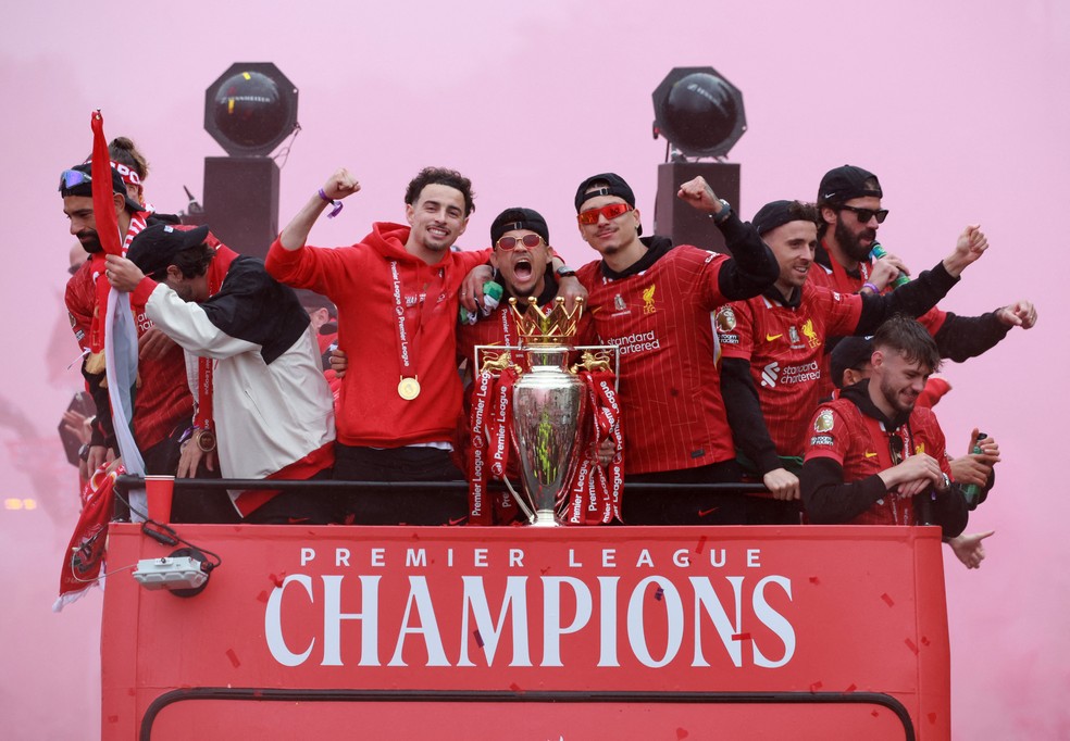 Time do Liverpool FC comemorando vitória na Premier League — Foto: REUTERS/Phil Noble