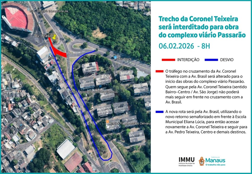 Trânsito no cruzamento das avenidas Coronel Teixeira e Brasil foi alterado por causa das obras do complexo viário Passarão — Foto: Karol Silva/IMMU