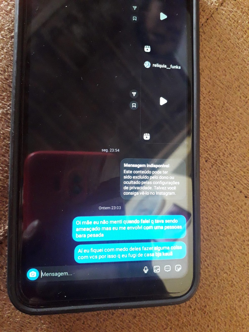 Adolescente informou à mãe, pelas redes sociais, que se envolveu com pessoas 'barra pesada' — Foto: Reprodução