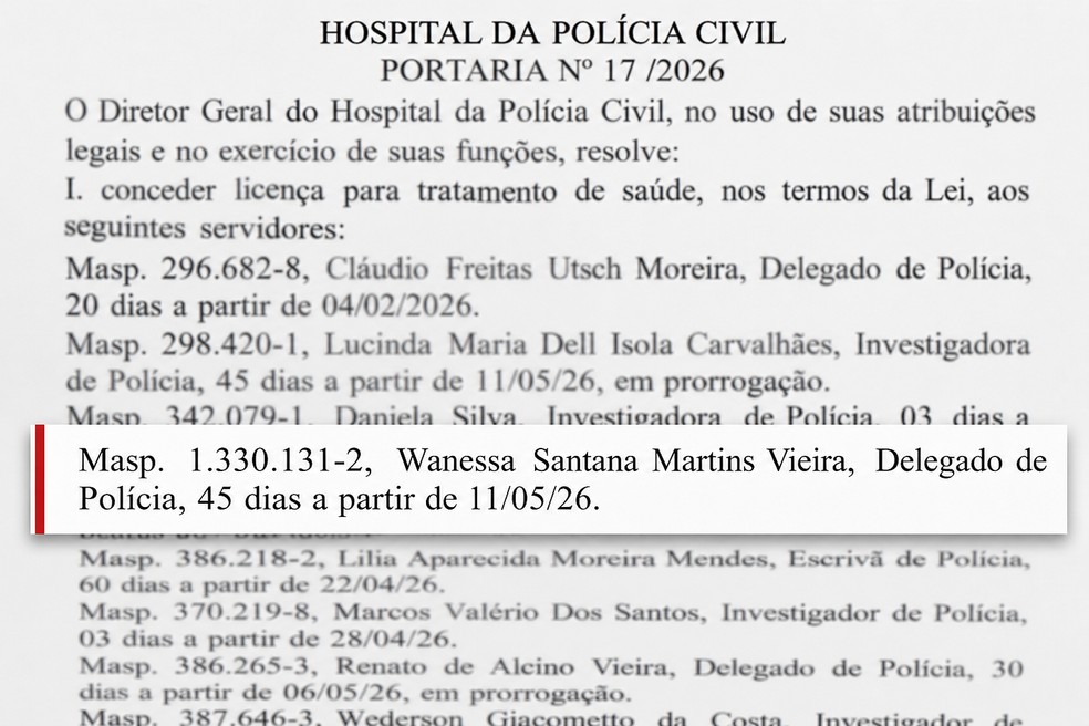 Publicação no Diário Oficial do Estado de renovação de licença médica da delegada Wanessa Vieira por mais 45 dias. — Foto: DOE - MG