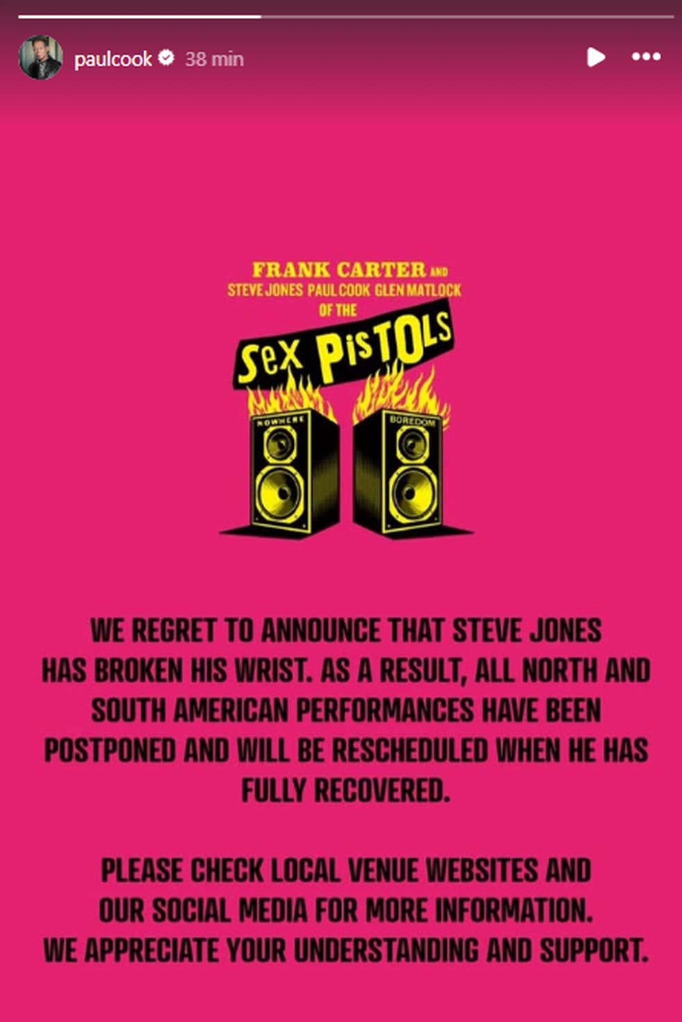 Banda Sex Pistols anuncia cancelamento de show no The Town — Foto: Reprodução/Instagram