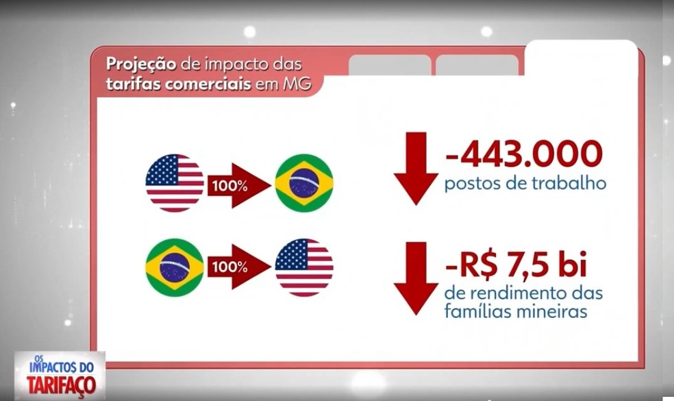 Cenário 3 - estudo Fiemg sobre possível taxação de 50% dos EUA sobre as exportações brasileiras — Foto: TV Integração/Reprodução