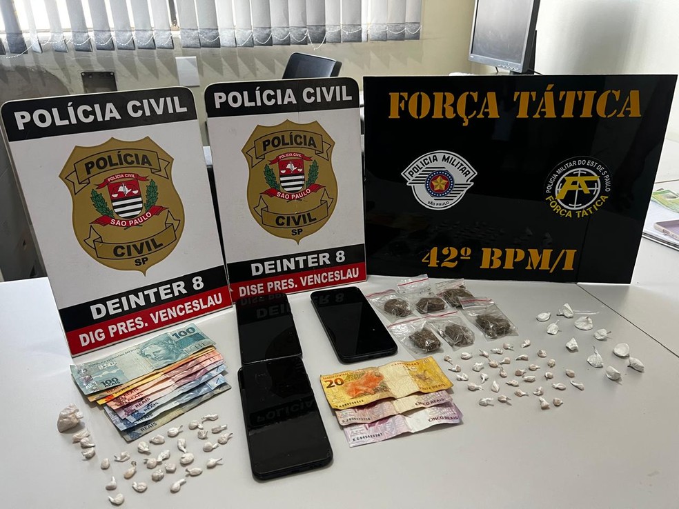 Operação policial prendeu três pessoas por tráfico de drogas, em Presidente Venceslau (SP) — Foto: Polícia Civil
