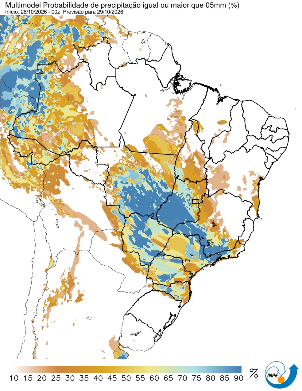 Mapa mostra previsão de chuva para esta quinta (29/10) em todo o Brasil. — Foto: CPTEC/Inpe