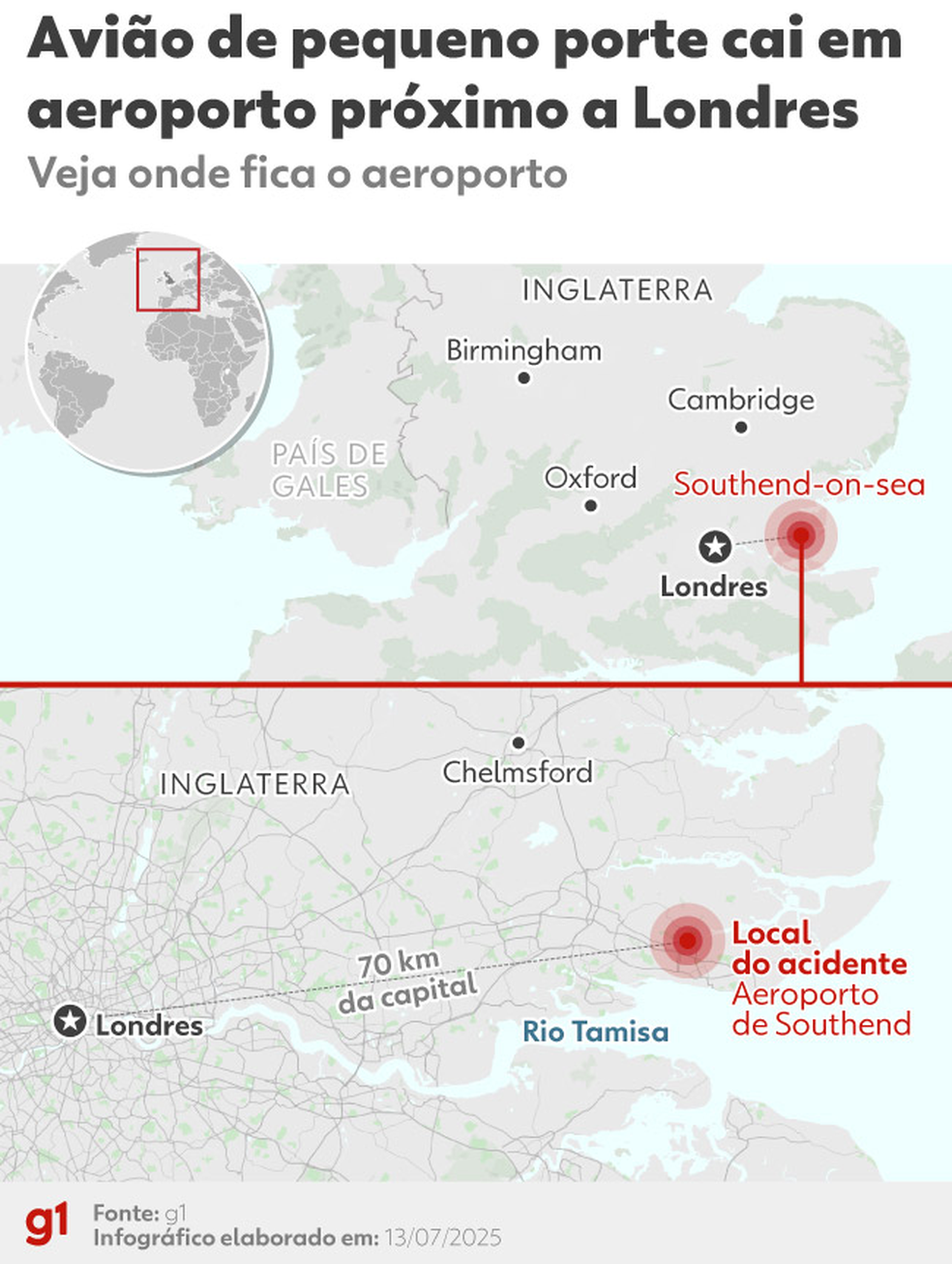 Avião de pequeno porte cai em aeroporto próximo a Londres — Foto: Arte/g1