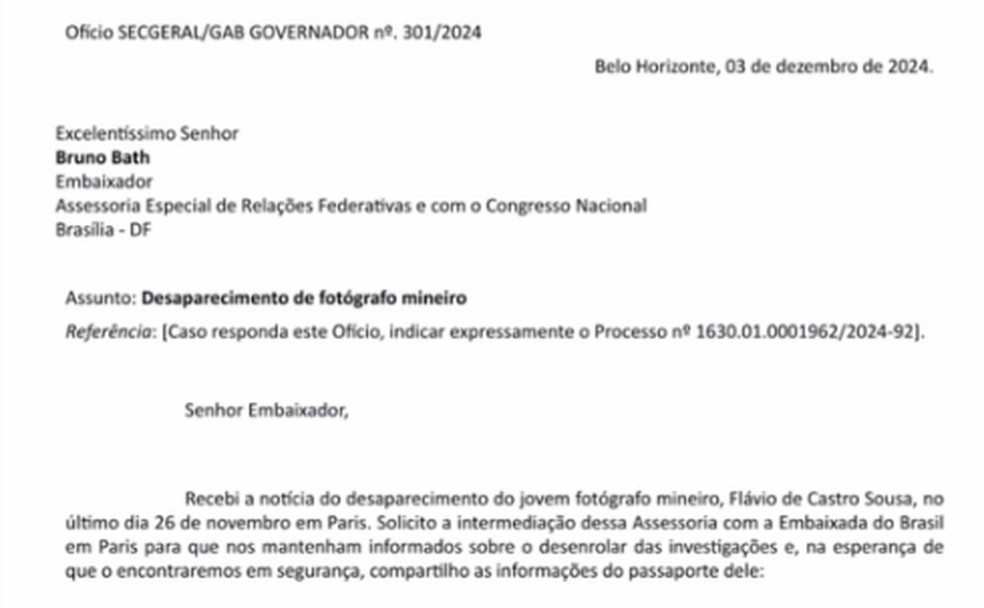 Trecho do ofício enviado pelo governador Romeu Zema ao Itamaraty — Foto: Reprodução