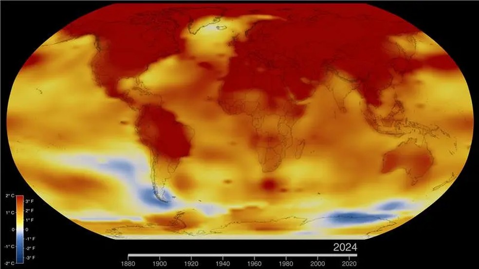 Anomalias de temperatura da superfície terrestre em 2024. — Foto: Nasa