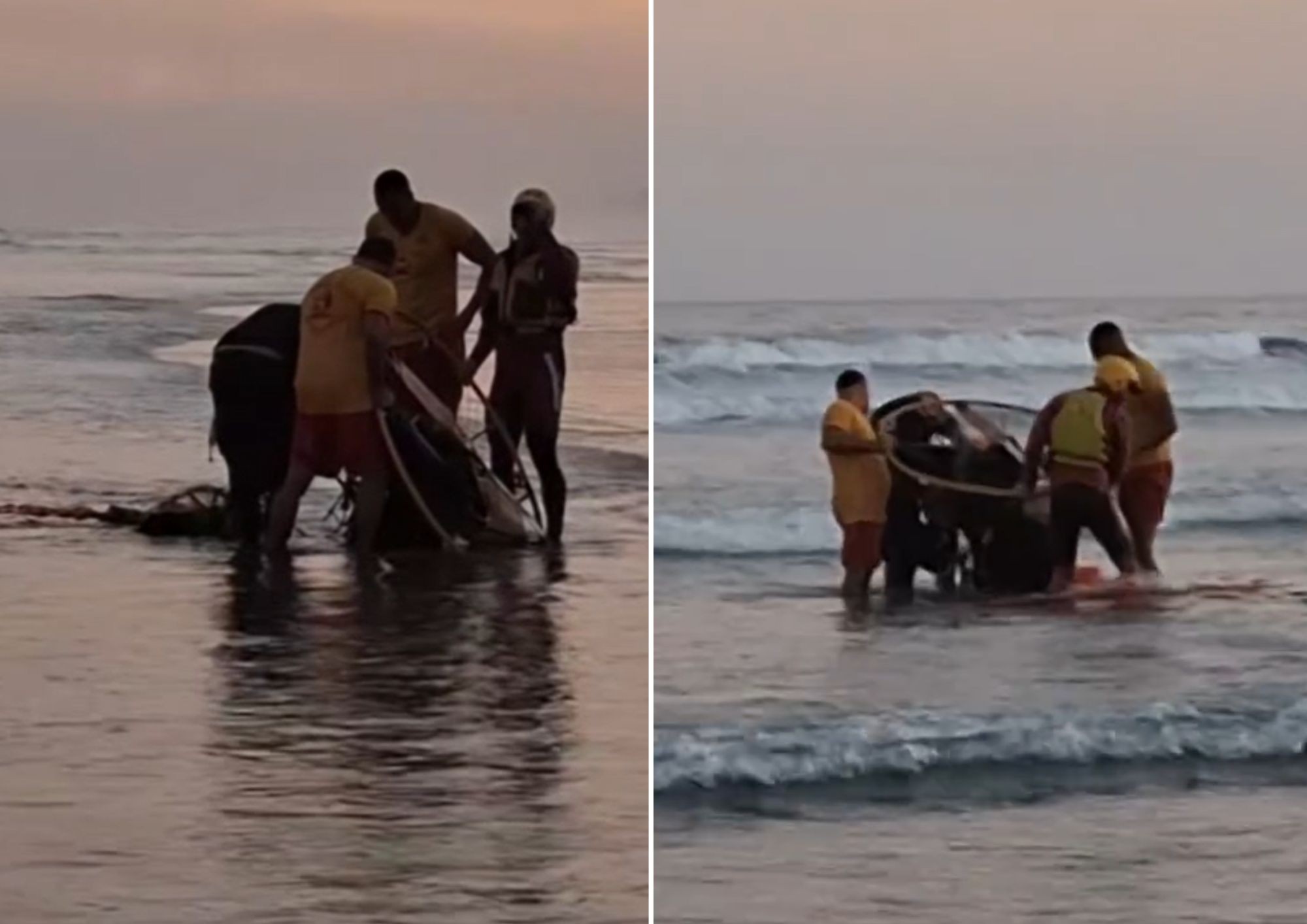 Paramotor cai no mar e dupla é resgatada em Praia Grande; VÍDEO