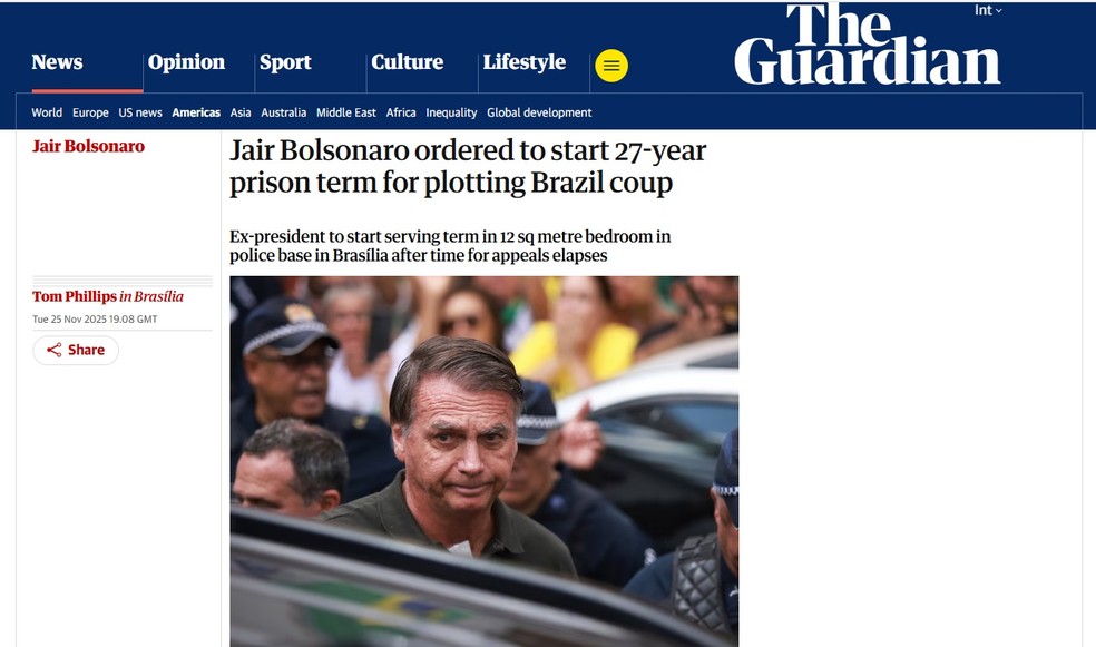 The Guardian traz reportagem sobre a prisão de Bolsonaro — Foto: Reprodução