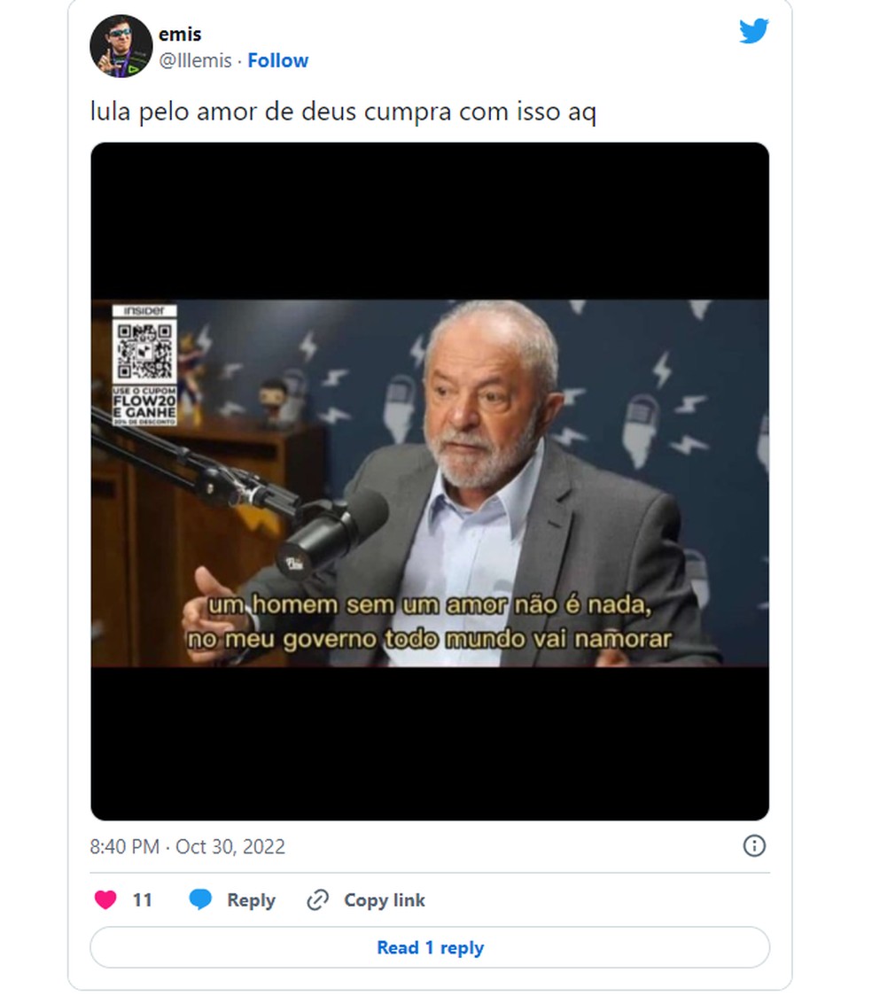 No Twitter, meme pediu que Lula cumprisse a promessa de campanha e arranjasse namoro para todos os brasileiros — Foto: Reprodução/Twitter