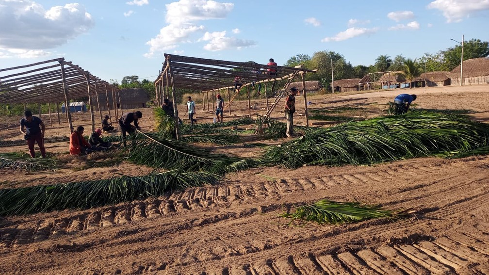 Alojamentos são preparados pelos indígenas para encontro  — Foto: Bemoktxc/Instituto Raoni