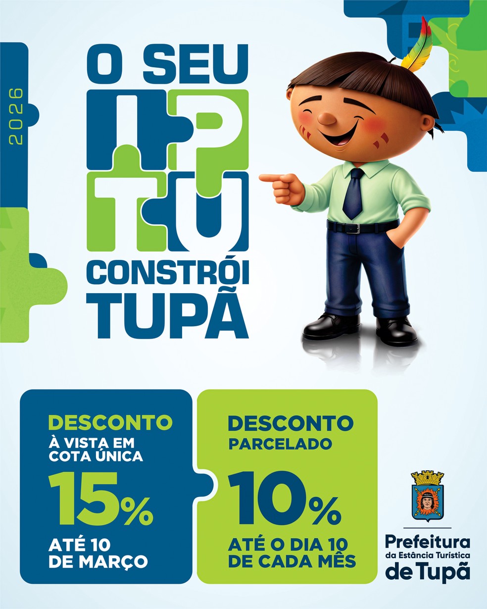 1 de 1
Com prazo at&eacute; 10 de mar&ccedil;o, Prefeitura de Tup&atilde; oferece at&eacute; 15% de desconto em cota &uacute;nica e condi&ccedil;&otilde;es facilitadas para o pagamento parcelado do IPTU 2026 &mdash; Foto: Prefeitura de Tup&atilde;/Divulga&ccedil;&atilde;o
