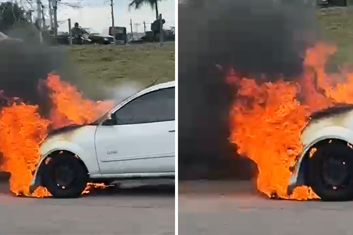 VÍDEO: Carro pega fogo próximo a posto da PRF na Dutra, em Caçapava