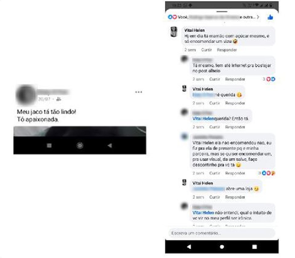 Segundo a família de Helen Vitai, essa é sequência da conversa pelo Facebook entre a suspeita e a vítima antes do crime. Parentes acham que essa divergência por causa de uma roupa motivou as agressões — Foto: Reprodução/Arquivo pessoal