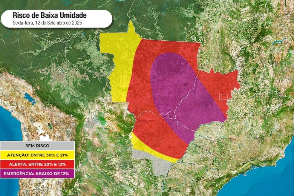 Mapa desta sexta-feira (12) aponta para risco de baixa umidade, conforme a Climatempo — Foto: Climatempo/Reprodução