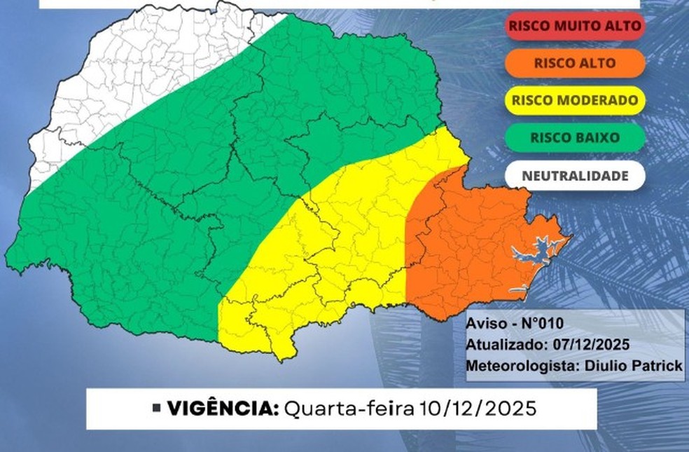 Aviso meteorológico do Simepar — Foto: Reprodução/Simepar