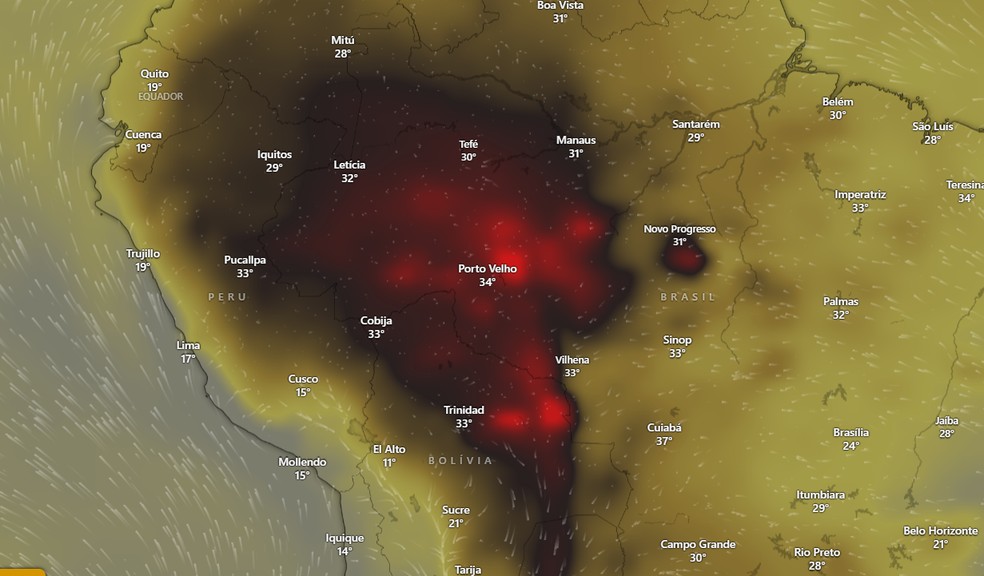 Mancha de fogo encobre parte da Amazônia e países da América do Sul. — Foto: Reprodução/Windy