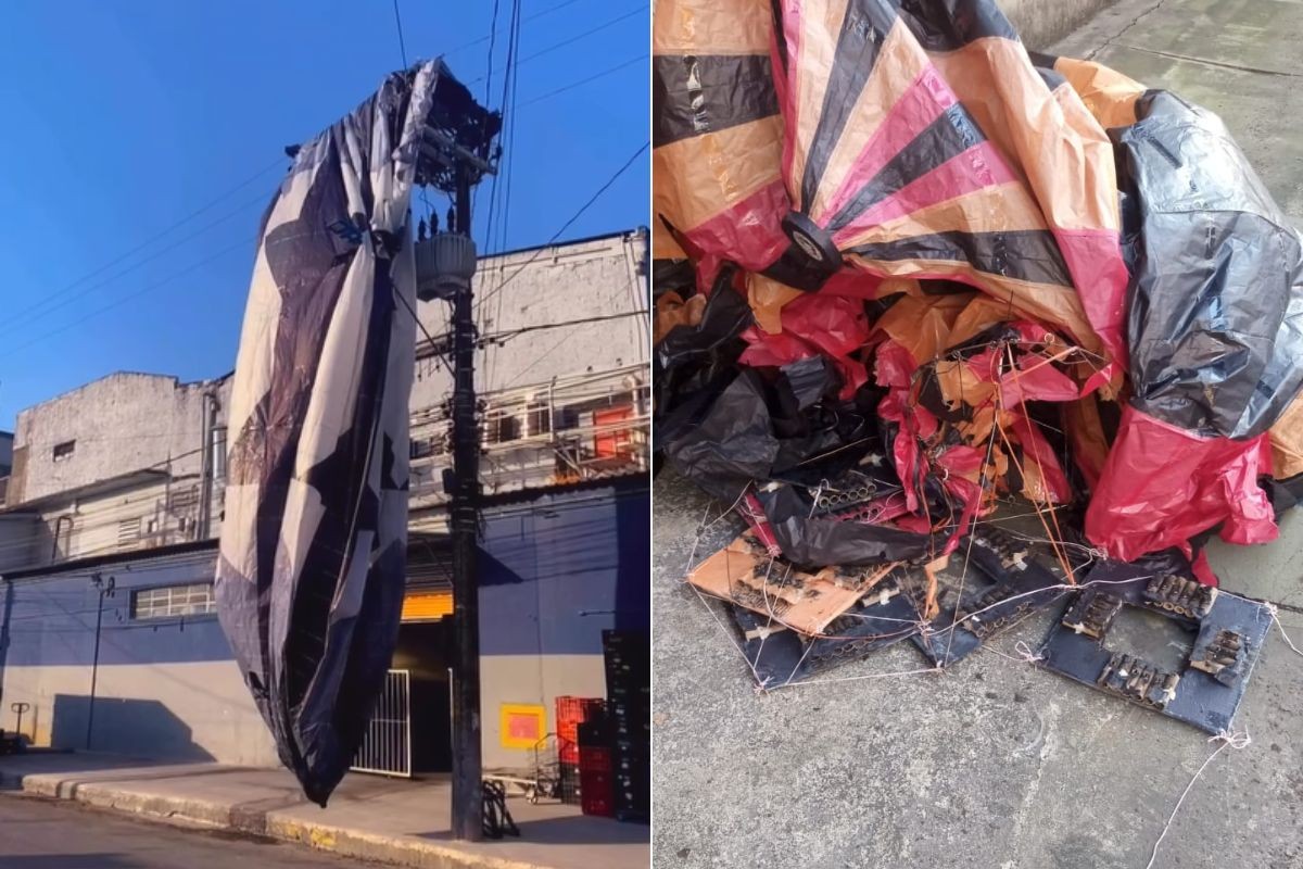 Balões gigantes assustam moradores, caem em poste e dentro de empresa na Baixada Santista, SP; veja