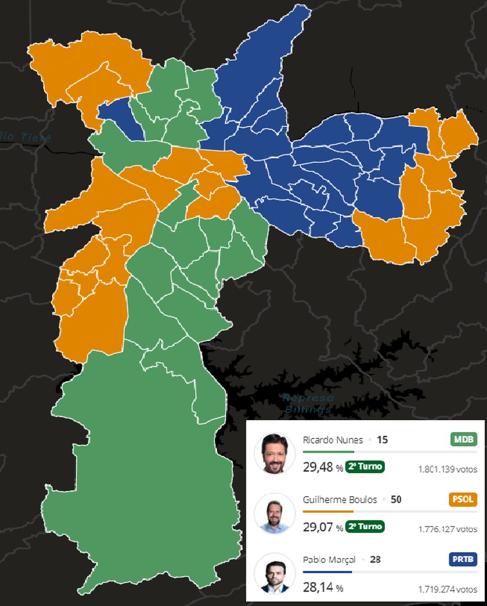 Mapa de zonas eleitorais conquistadas por Boulos, Nunes e Marçal em 2024 — Foto: Reprodução g1