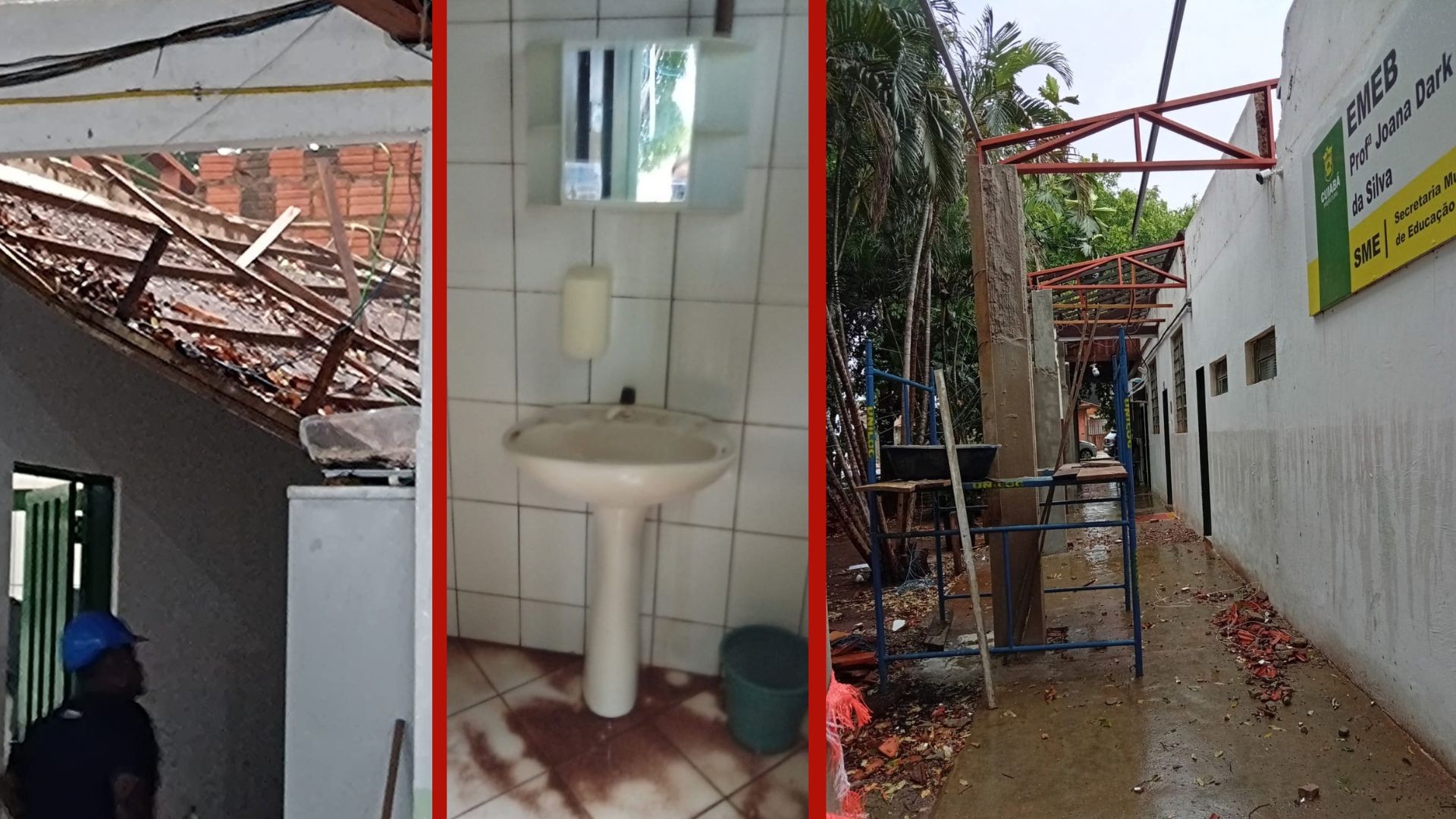 Sem telhados e iluminação: escola em reforma há mais de um ano alaga após chuva em Cuiabá