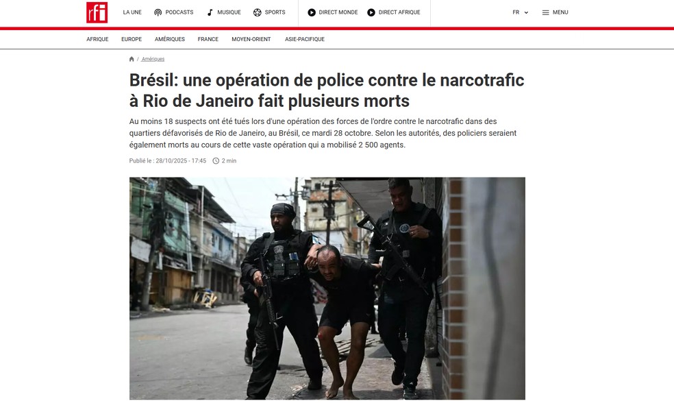RFI repercute megaoperação no Rio de Janeiro — Foto: Reprodução