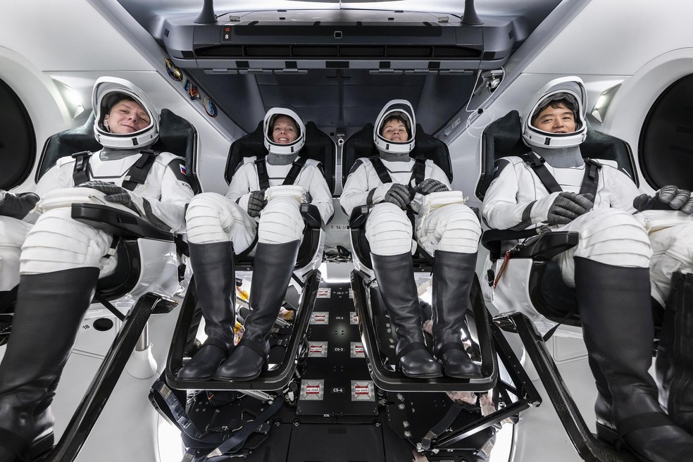 Tripulação da missão Crew-10, lançada pela Nasa e SpaceX — Foto: Nasa/Divulgação