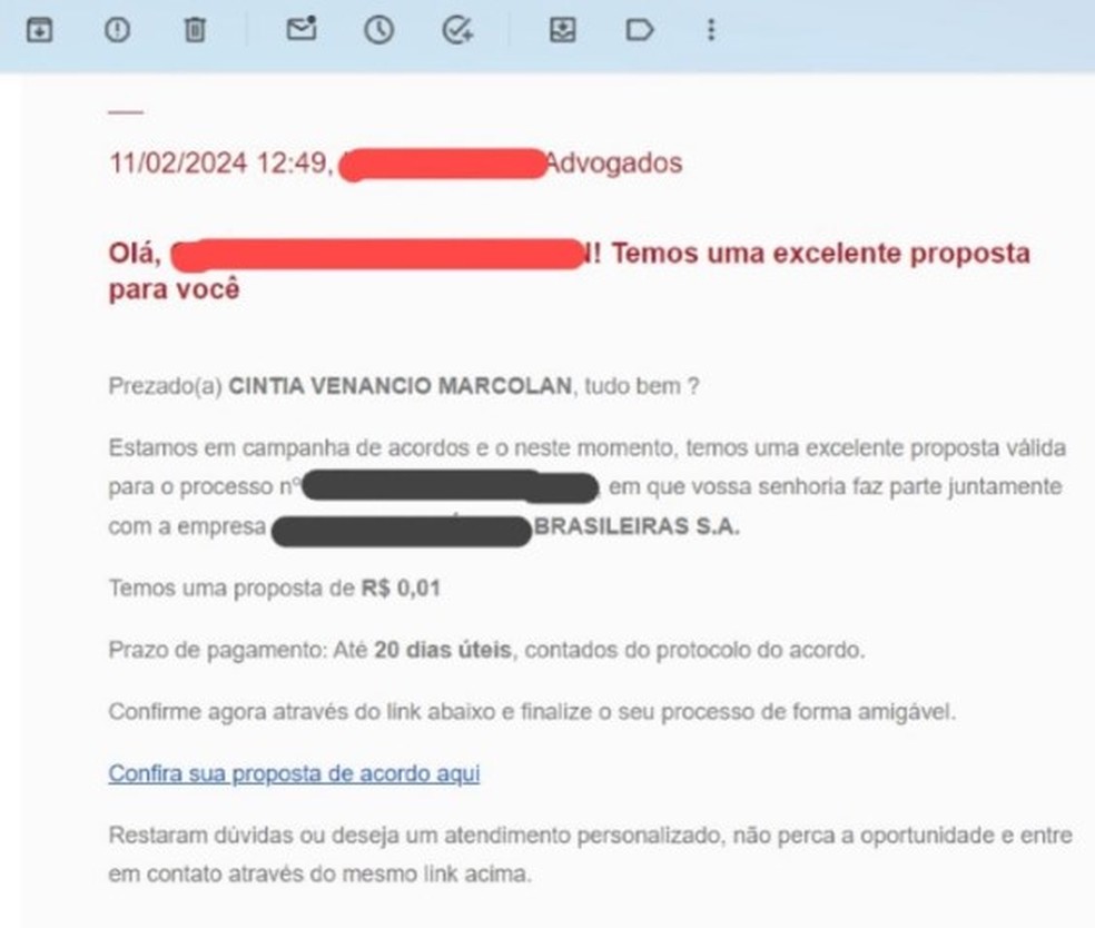 Proposta de R$ 0,01 enviada pela Azul para Cintia Venancio — Foto: Arquivo Pessoal