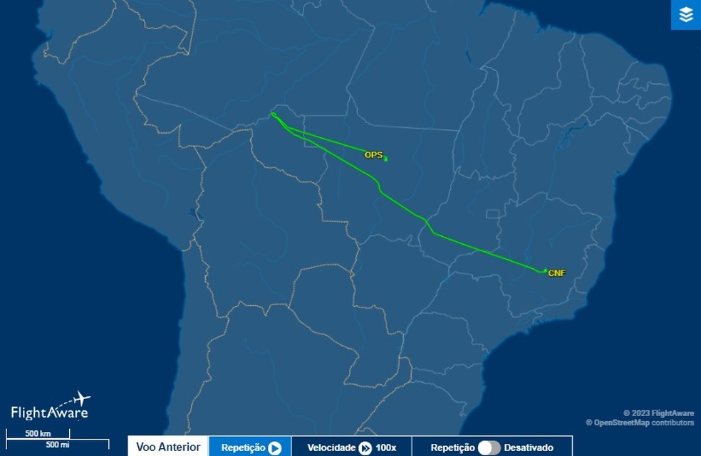 Voo da Azul, que deveria pousar em Porto Velho, desviou e pousou no Mato Grosso — Foto: FlightAware/Reprodução