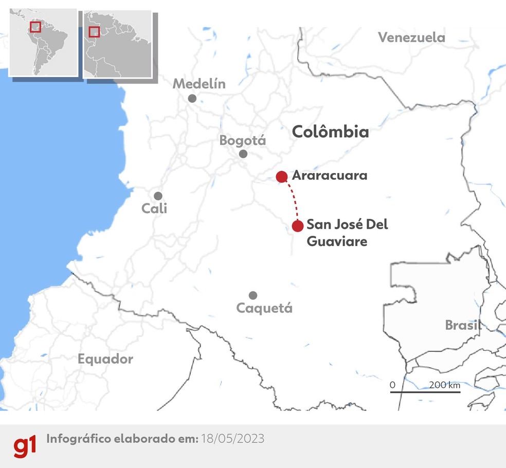Infográfico mostra trajeto que avião faria entre as cidades de Araracuara e San José Del Guaviare — Foto: Arte/g1