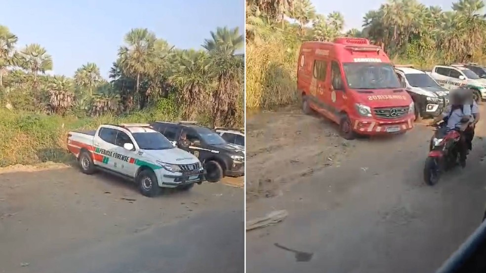 Corpos estavam em uma cova a alguns metros de uma estrada no bairro Guagiru, em Caucaia — Foto: Reprodução
