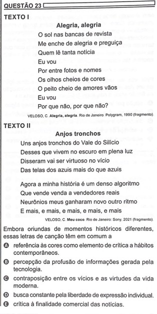 Caetano Veloso tenta resolver questão do Enem 2023 que cita suas músicas, mas chega a duas alternativas corretas