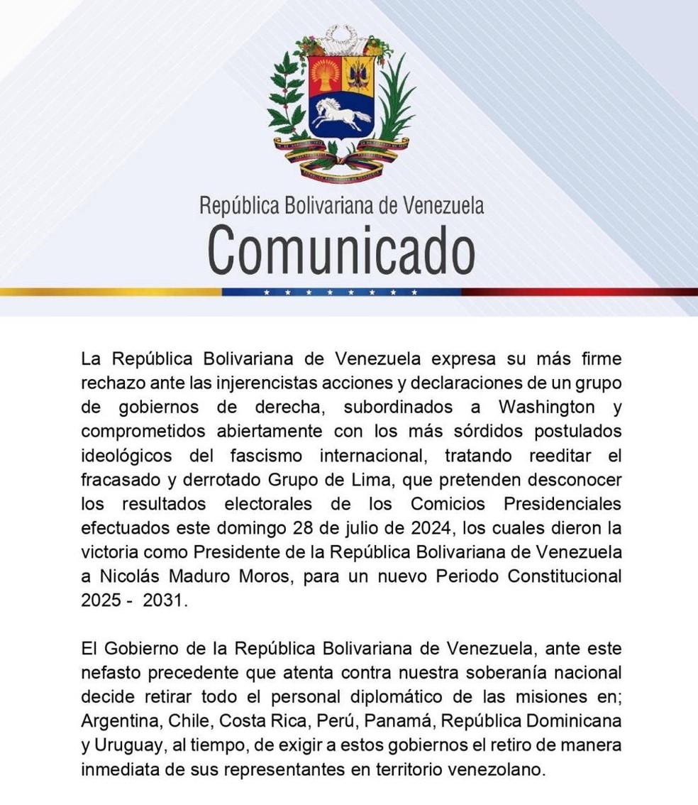 Comunicado do governo venezuelano expulsa corpo diplomático de sete países — Foto: Reprodução/Instagran