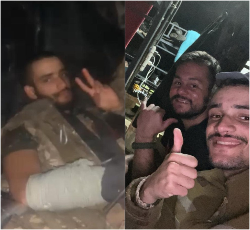 Gabriel indo para a última batalha antes de morrer, mesmo com braço quebrado (esq) e ao lado do parceiro de batalhas Gabriel Lemos, brasileiro de Santa Catarina, que também morreu. — Foto: Arquivo Pessoal