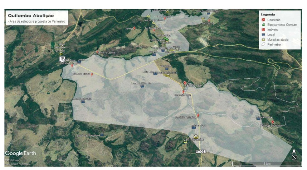Mapa mostra dimensão do quilombo Abolição em MT — Foto: Incra