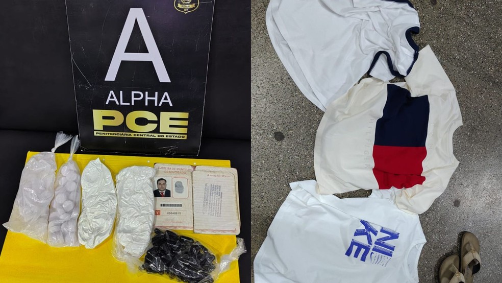 Substâncias suspeitas e blusas encontradas com o advogado — Foto: Reprodução
