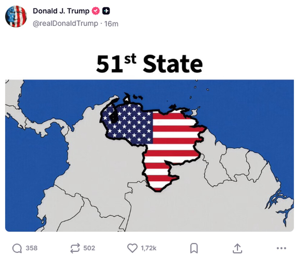 Trump posta mapa com a Venezuela sendo o 51º estado dos EUA — Foto: Truth Social