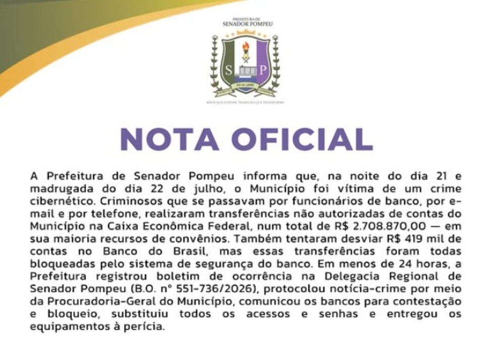 Prefeitura de Senador Pompeu publicou nota sobre o crime nas redes sociais. — Foto: Reprodução.