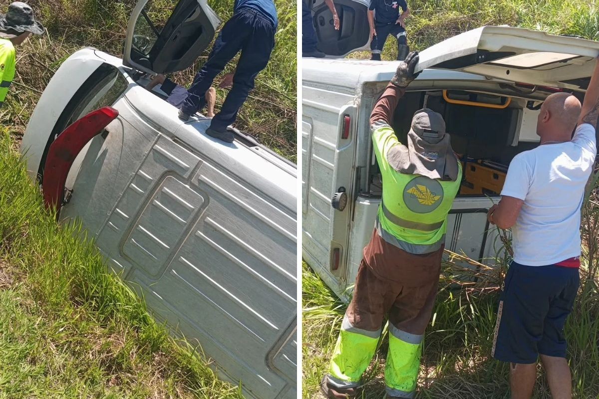 Ambulância tomba em rodovia e deixa motorista e paciente feridos em Amparo