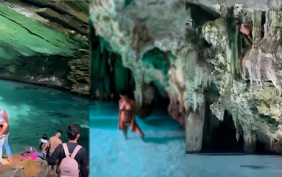 Imagens divulgadas pela Prefeitura de Nobres mostram diversos turistas durante visitação na gruta — Foto: Reprodução