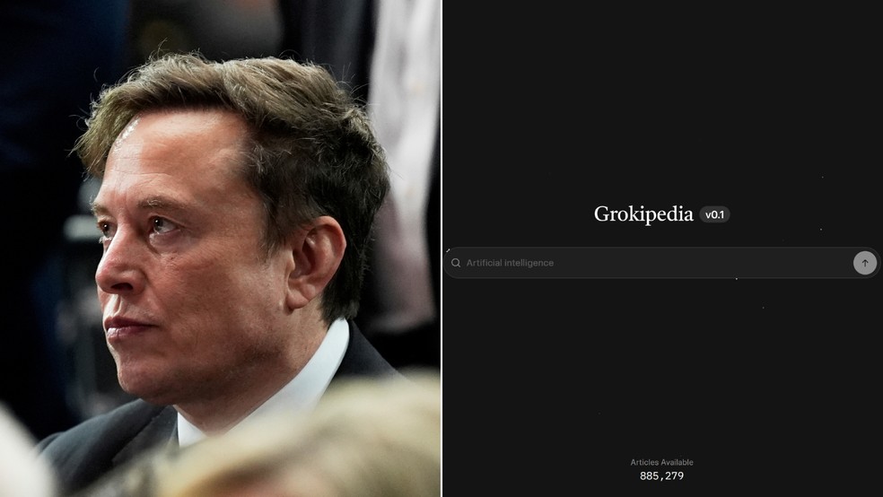 Elon Musk, em foto de setembro de 2025, e tela inicial da Grokipedia — Foto: AP Photo/Julia Demaree Nikhinson; Reprodução