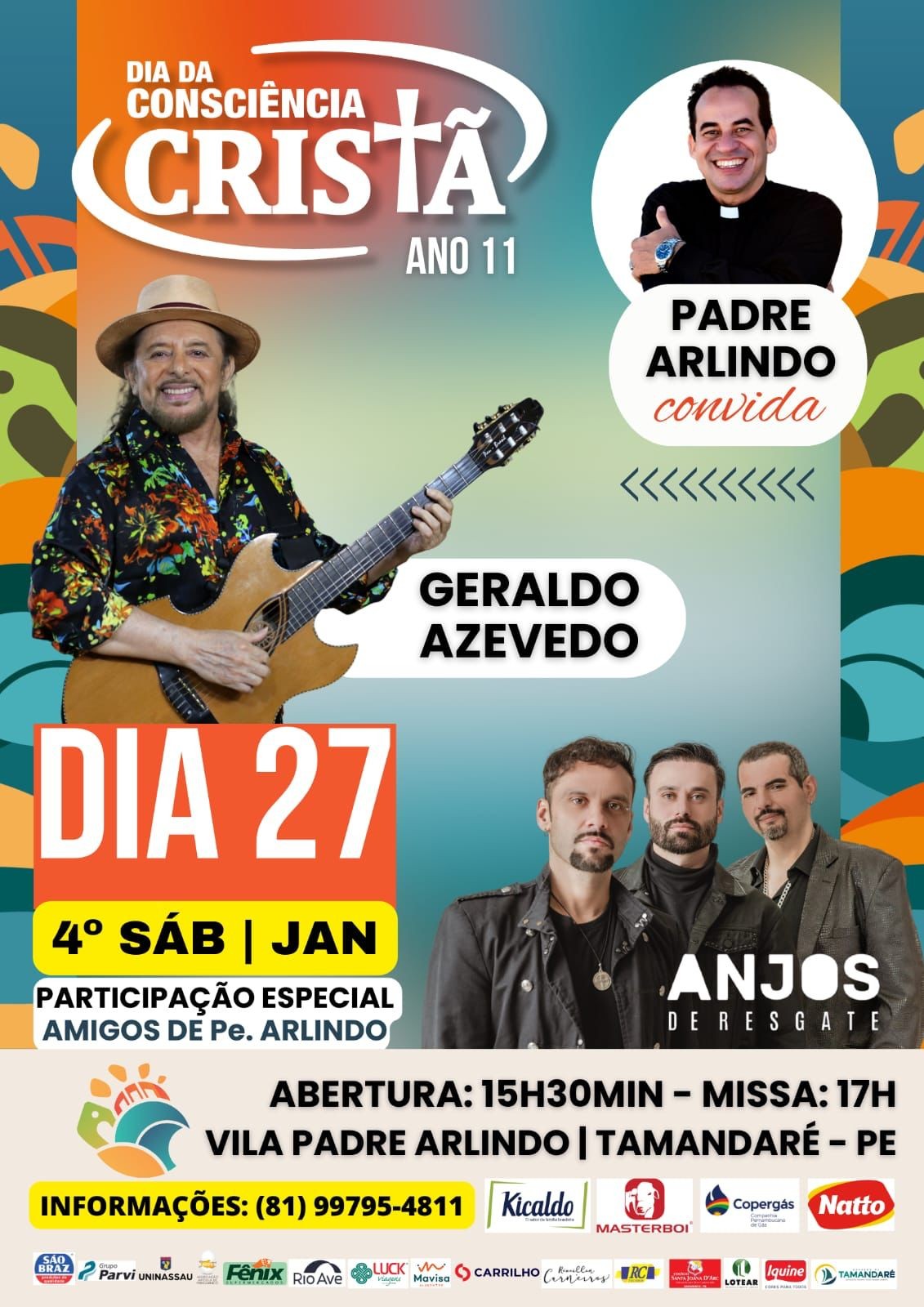 Dia da Consciência Cristã, em Tamandaré, conta com shows de Geraldo Azevedo e Anjos de Resgate no sábado (27)