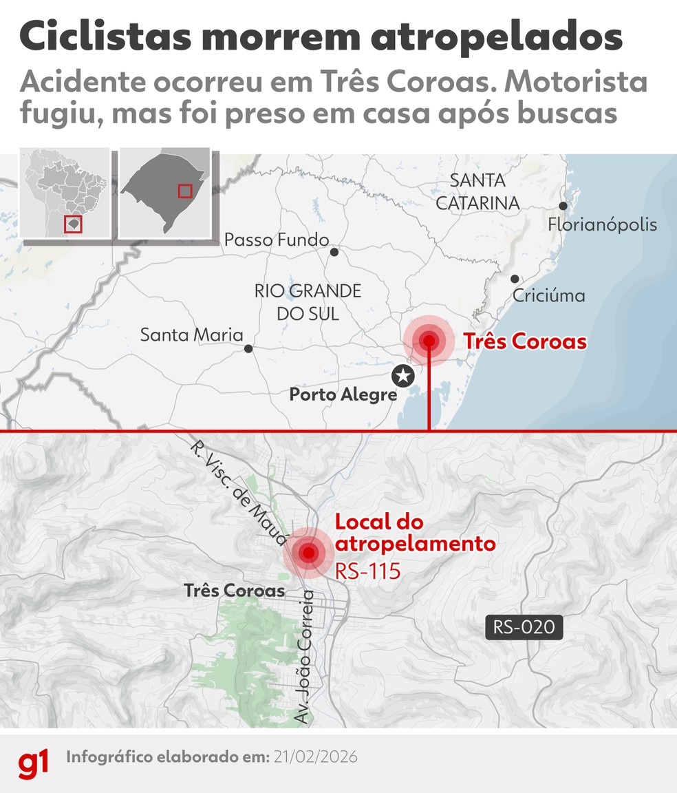 Infográfico: acidente ocorreu em Três Coroas, motorista fugiu mas foi localizado — Foto: Arte/g1