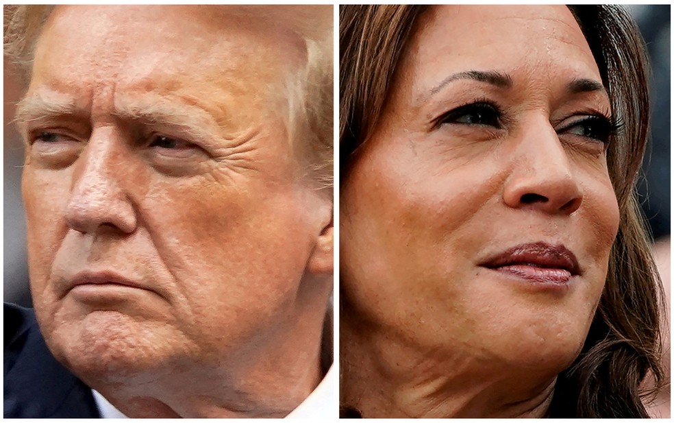 Trump e Kamala fazem nesta terça (10) o primeiro debate entre eles na eleição para a presidência dos EUA — Foto: Eduardo Munoz, Nathan Howard/Reuters