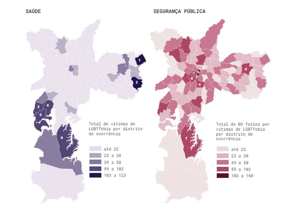 Distritos de São Paulo que concentram maior quantidade de casos de violência contra LGBTQIAPN+ — Foto: Reprodução/Instituto Pólis