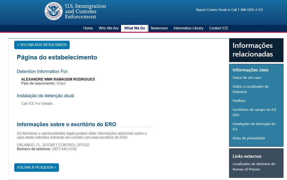 A p&aacute;gina tamb&eacute;m disponibiliza informa&ccedil;&otilde;es de contato para familiares do ex-deputado &mdash; Foto: Reprodu&ccedil;&atilde;o/ U.S. Immigration and Customs Enforcement's (ICE)