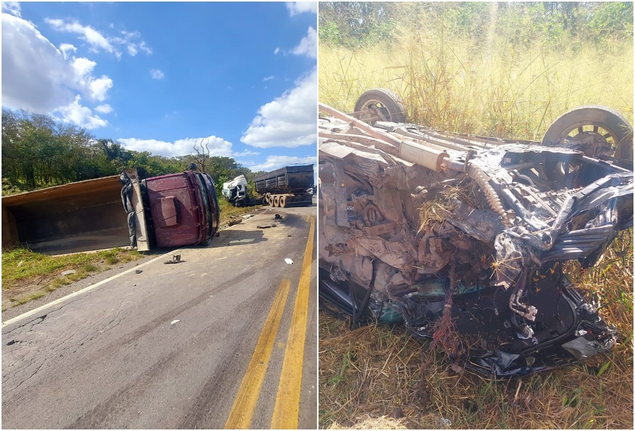 Carro é atingido por dois caminhões, capota, e casal sofre apenas ferimentos leves na BR-354